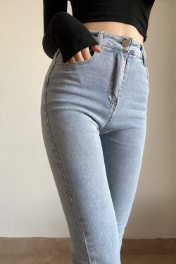 Vintage High-Waisted One-Button Denim Pants for Women - Butt-Lifting Elastic Pencil Trousers in Solid Color - Versatile Long Pants