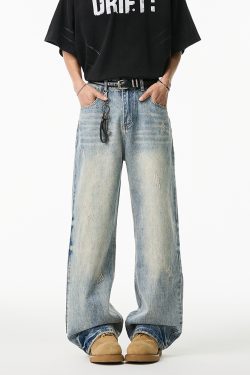 Vintage High-Waisted Wide-Leg Straight-Leg Casual Draped Long Pants - Retro 90s Style, Washed Denim, Trendy 2025 Fashion
