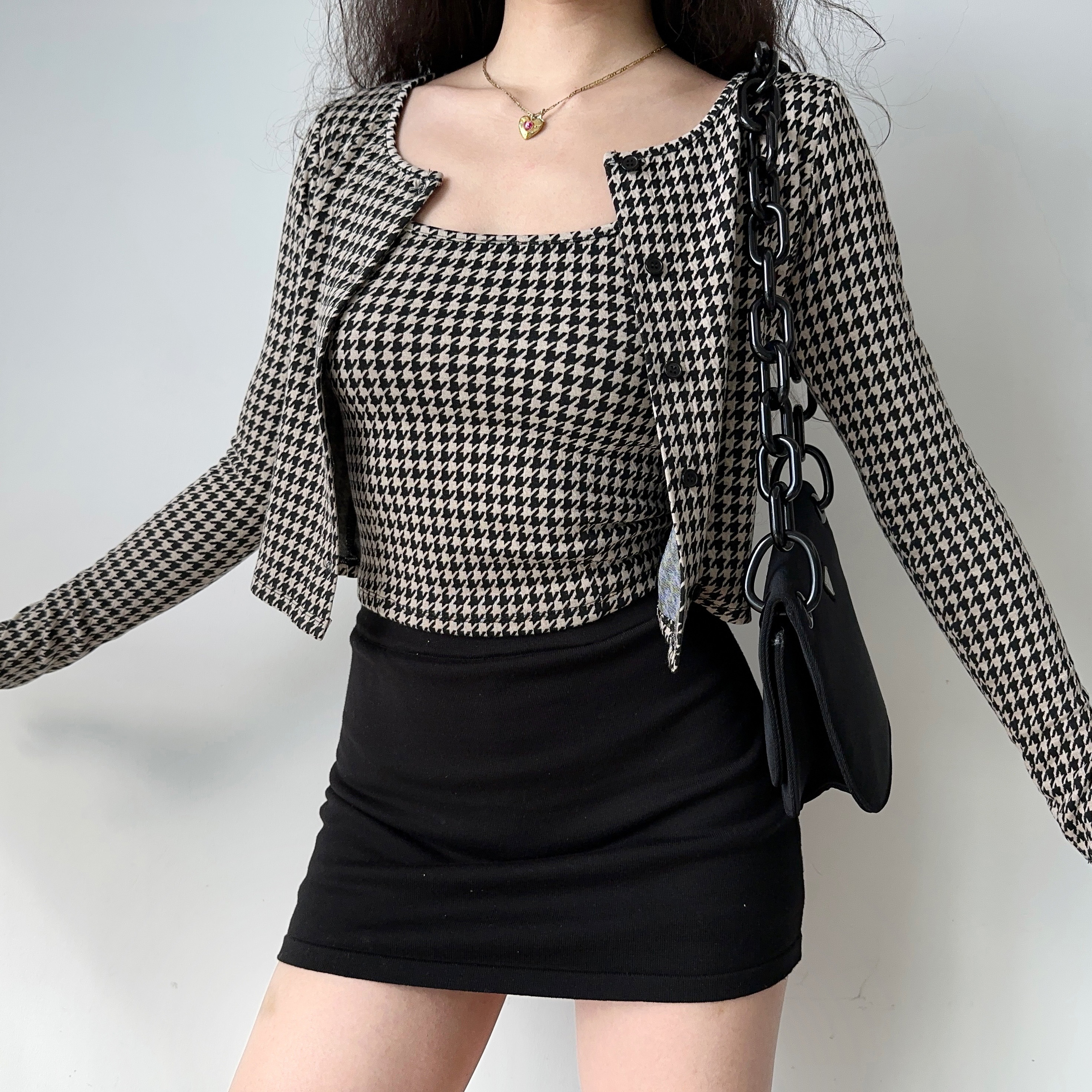 Vintage Houndstooth Camisole and Cardigan Two-Piece Set for Women - Slim Fit Short Top, Y2K Inspired Fashion