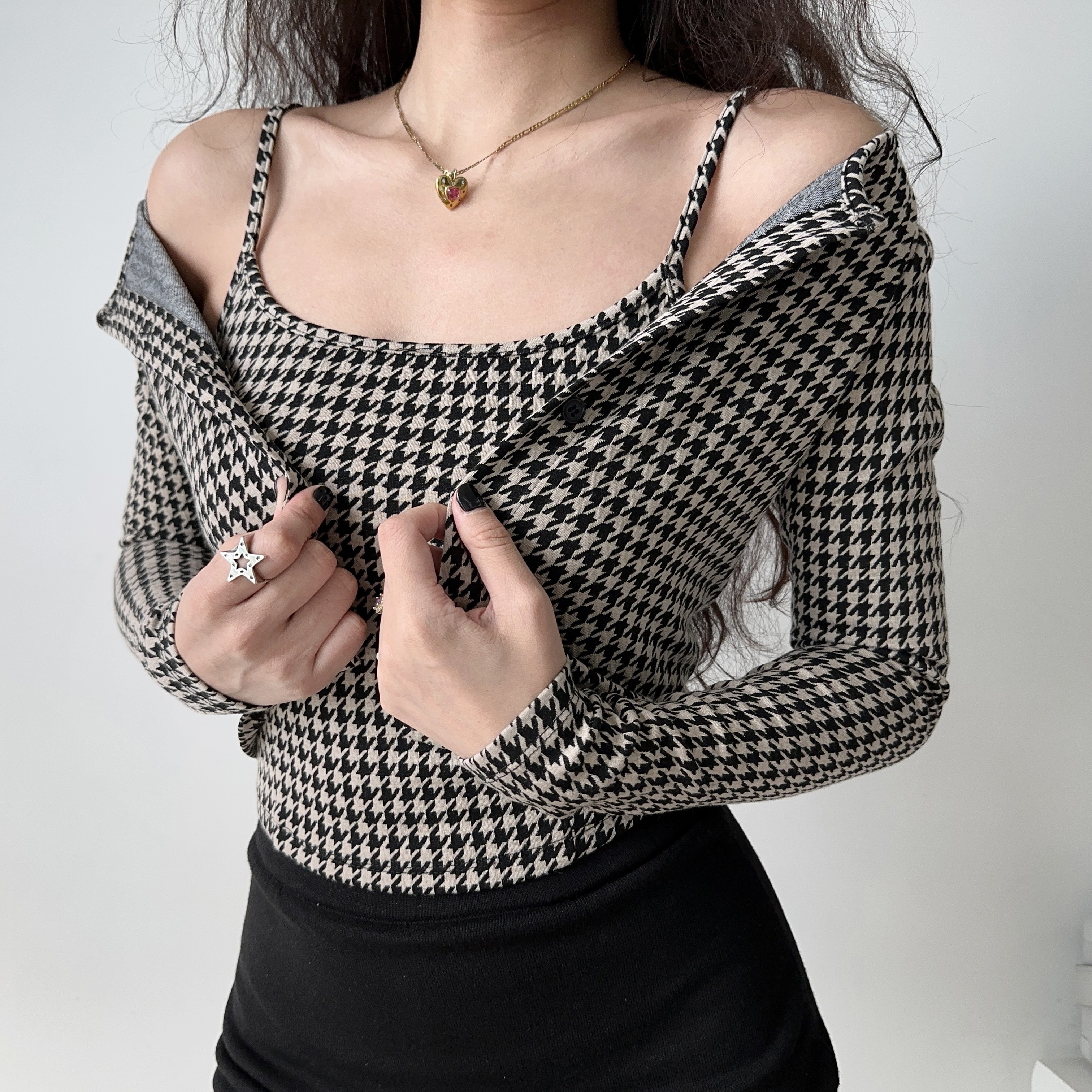 Vintage Houndstooth Camisole and Cardigan Two-Piece Set for Women - Slim Fit Short Top, Y2K Inspired Fashion