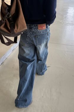Vintage-Inspired American Retro Studded Washed Lightning Straight-Leg Jeans for Men and Women - Trendy Low-Rise Style