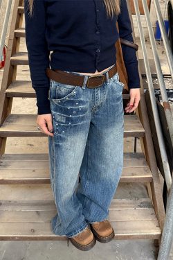 Vintage-Inspired American Retro Studded Washed Lightning Straight-Leg Jeans for Men and Women - Trendy Low-Rise Style