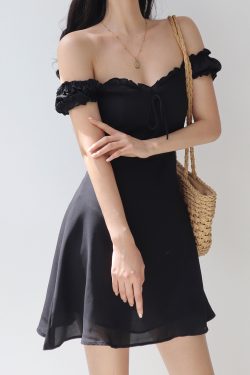 Vintage-Inspired Black Puff Sleeve One-Shoulder Dress for Women - Summer Bow Tie Waist-Cinched A-Line Short Skirt
