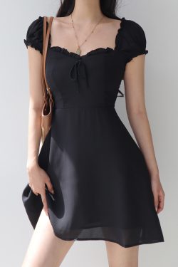 Vintage-Inspired Black Puff Sleeve One-Shoulder Dress for Women - Summer Bow Tie Waist-Cinched A-Line Short Skirt