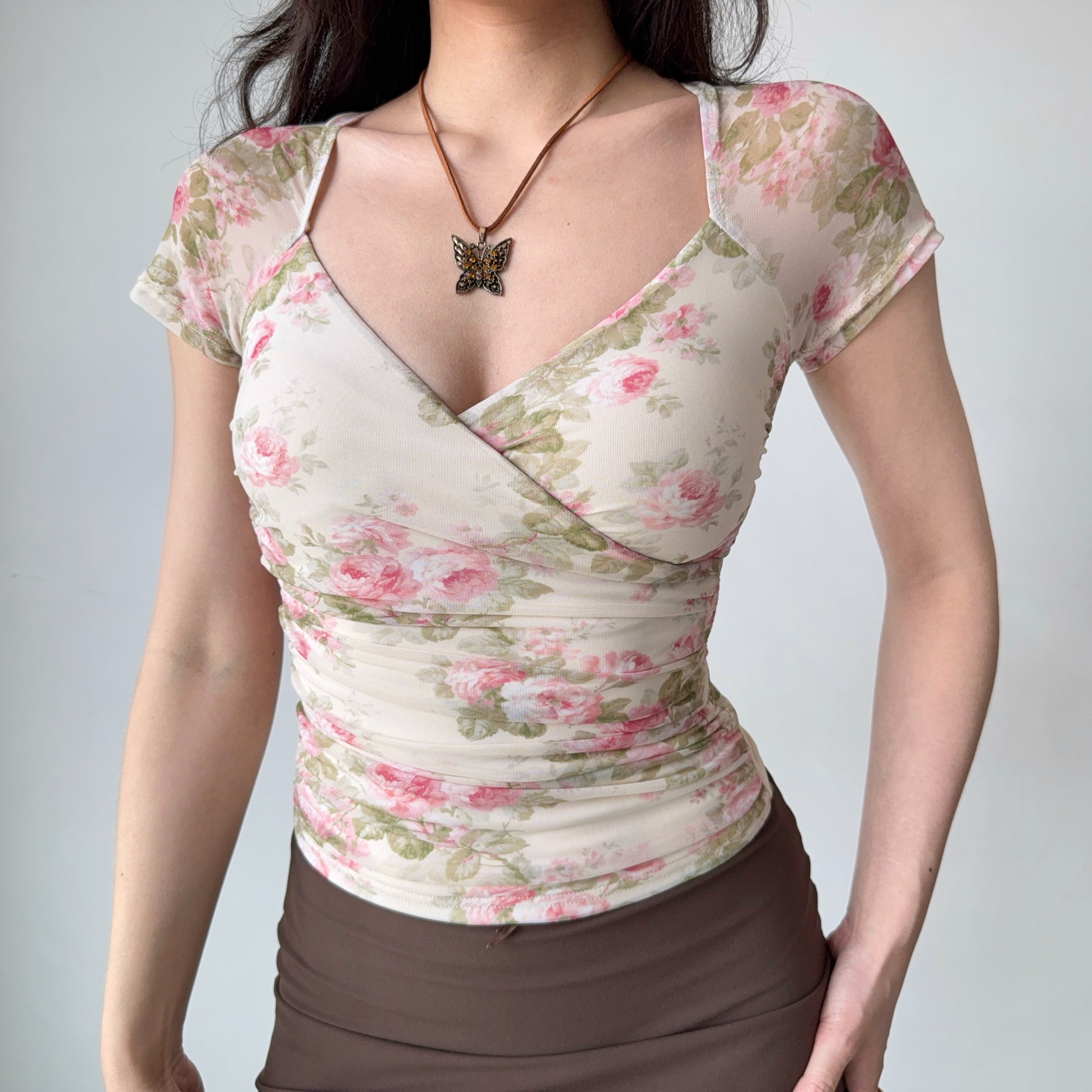 Vintage-Inspired Cross V-Neck Low-Cut Mesh Short Sleeve T-Shirt for Women - Summer Slim Fit, Y2K Style