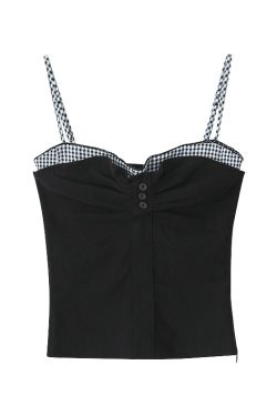 Vintage-Inspired Cute Girl Plaid Splicing Ruffled Button Elastic Slim Waist Camisole for Y2K Fashion