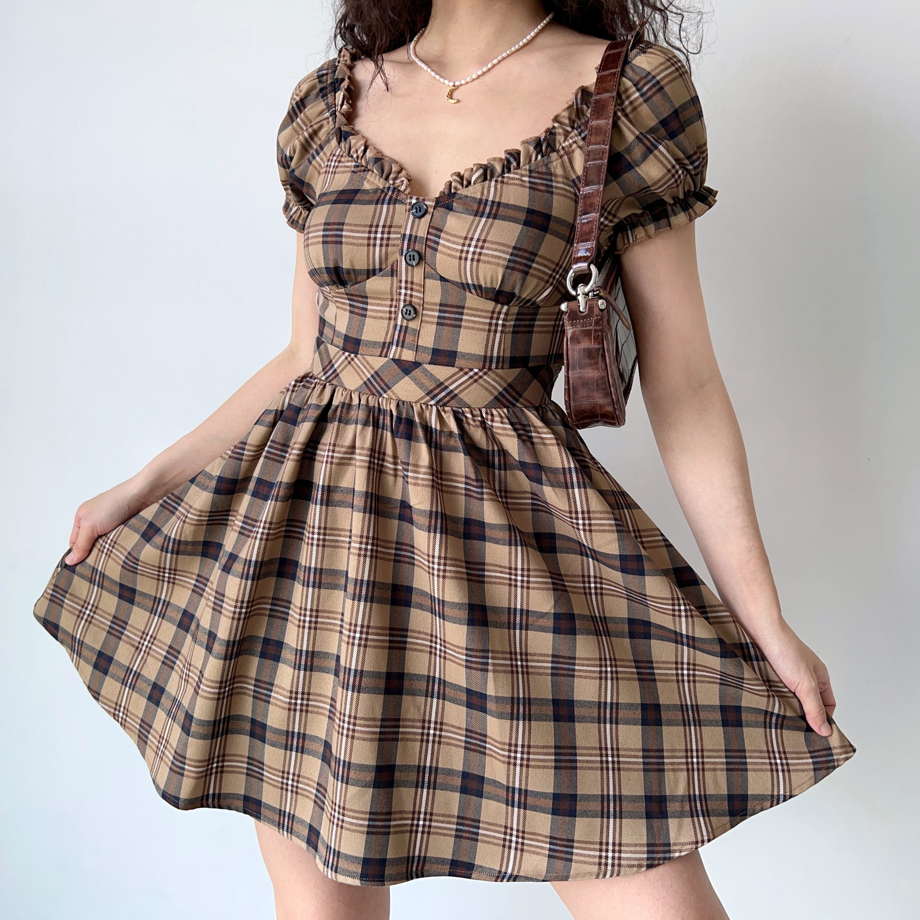 Vintage-Inspired Handmade Plaid V-Neck Puff Sleeve Dress for Women | A-Line Flare Skirt | Chic 90s French Style