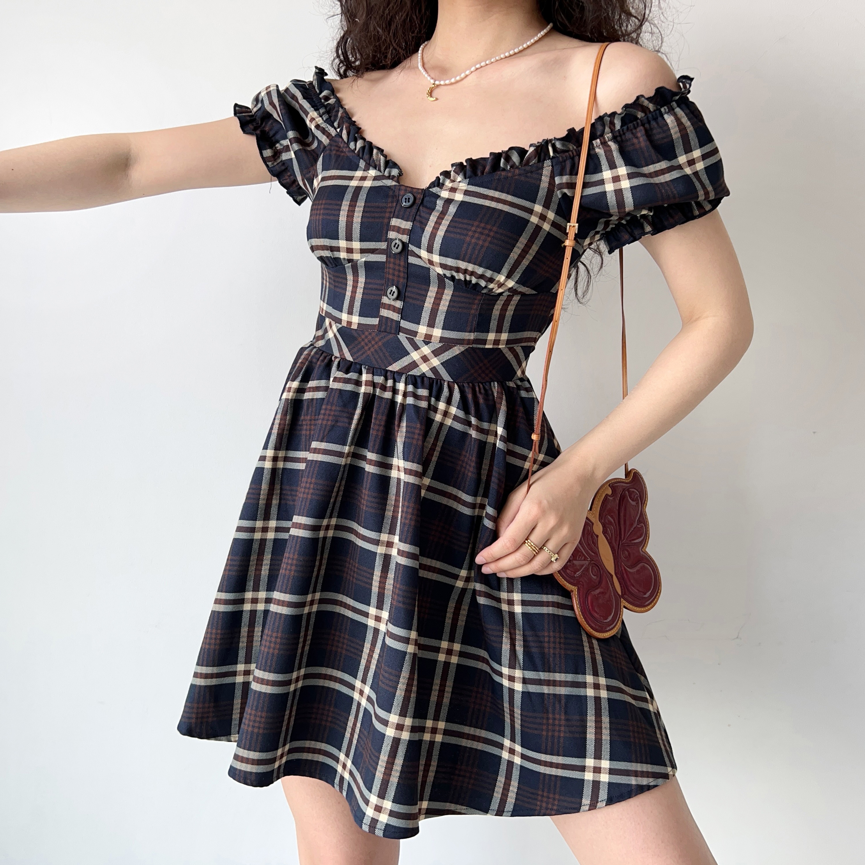 Vintage-Inspired Handmade Plaid V-Neck Puff Sleeve Dress for Women | A-Line Flare Skirt | Chic 90s French Style