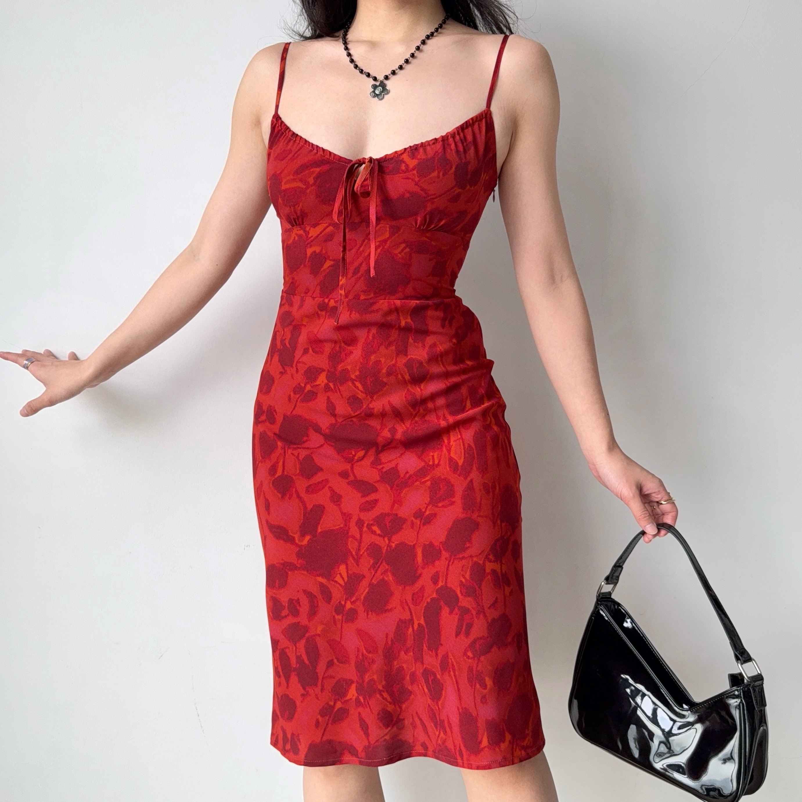 Vintage-Inspired Red Printed Cami Dress for Women - Mid-Length Vacation Dress, Perfect for Summer and 90s Style Looks