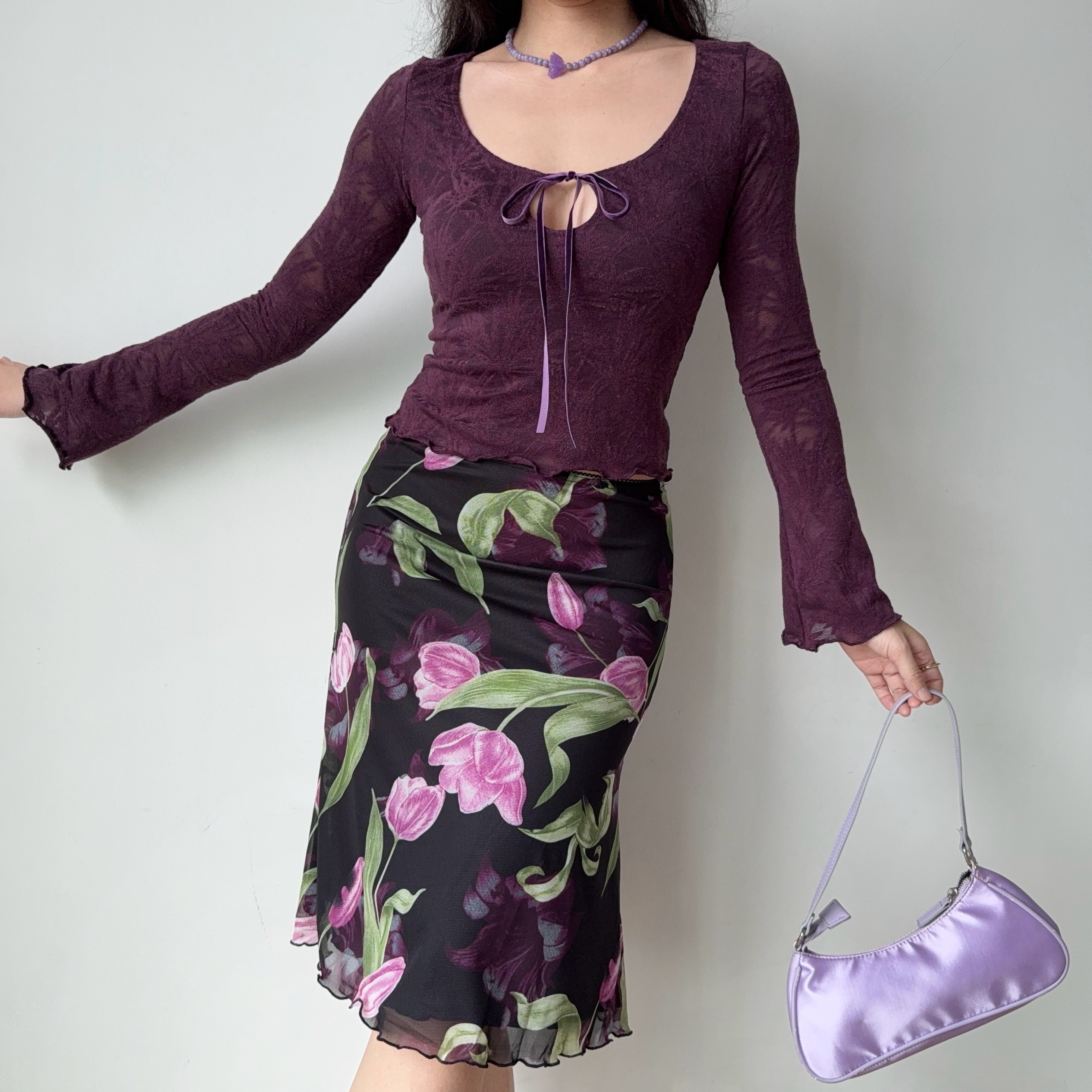 Vintage Jacquard Lace-Up Long Sleeve U-Neck Top for Women - Slim Fit American Style T-Shirt, Perfect for 90s and Y2K Fashion Lovers