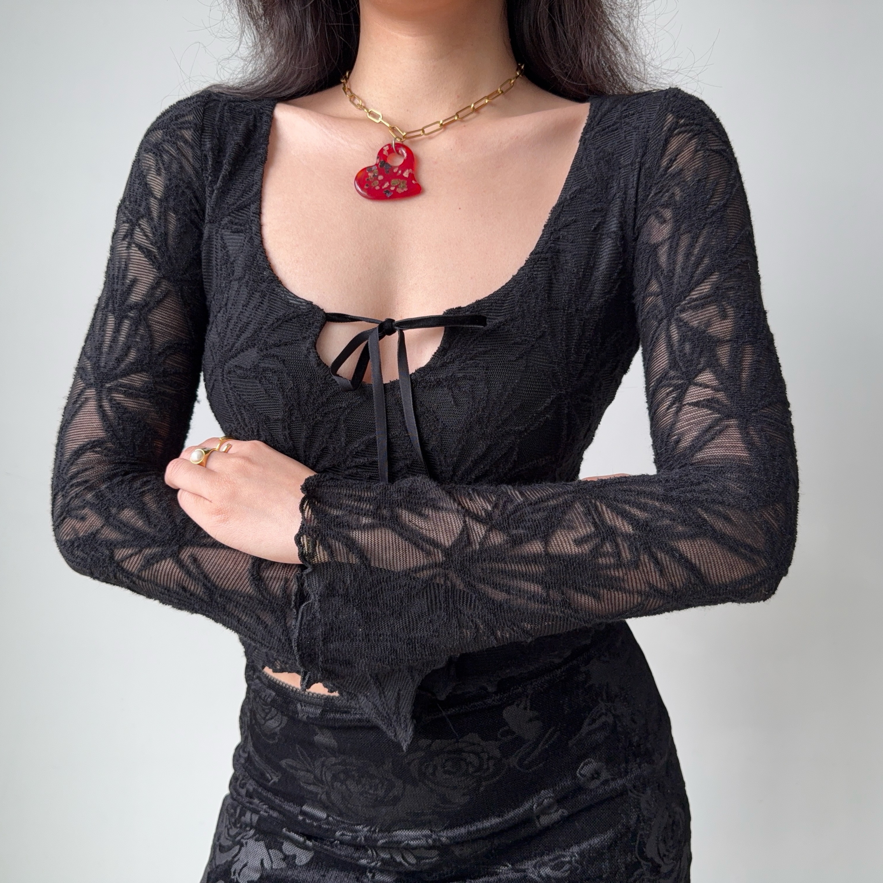 Vintage Jacquard Lace-Up Long Sleeve U-Neck Top for Women - Slim Fit American Style T-Shirt, Perfect for 90s and Y2K Fashion Lovers