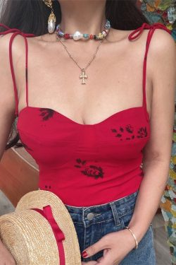 Vintage Lace-Up Bow Red Camisole Top for Women - Handmade French Style, 2025 Spring/Summer Vacation Essential