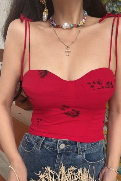 Vintage Lace-Up Bow Red Camisole Top for Women - Handmade French Style, 2025 Spring/Summer Vacation Essential