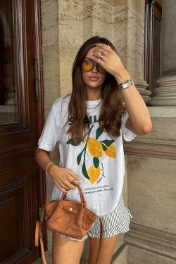 Vintage Lemon Print Oversized Short Sleeve T-Shirt for Women - Retro Summer 90s Style Hot Girl Top