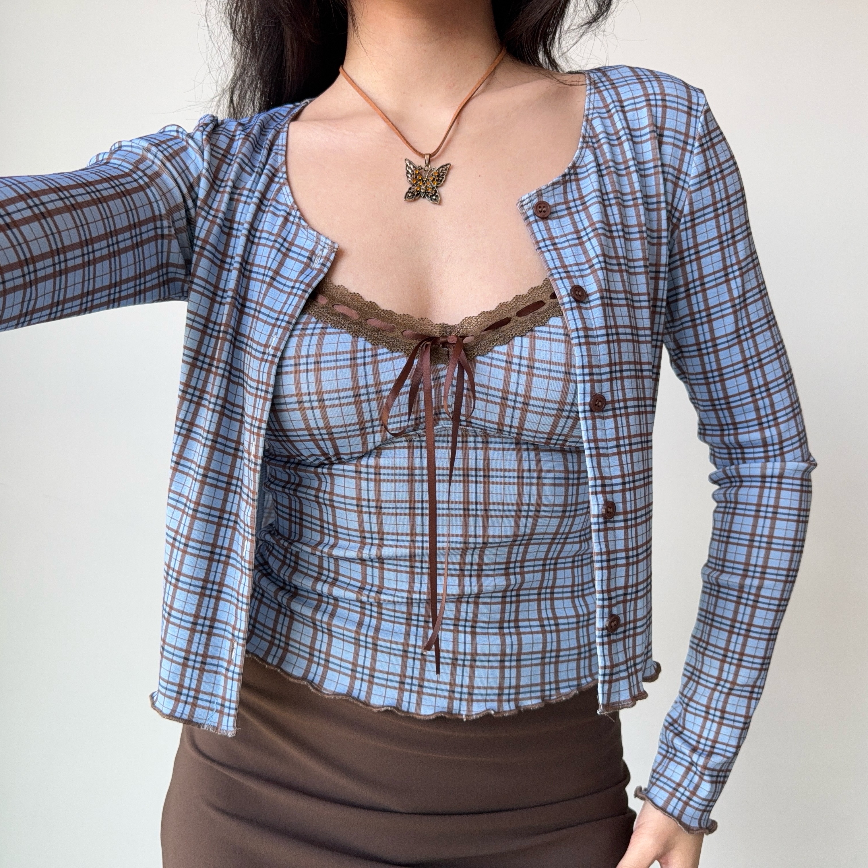 Vintage Plaid Camisole Cardigan Two-Piece Set for Women - Slim Fit Short Crop Top - Y2K Inspired Fashion