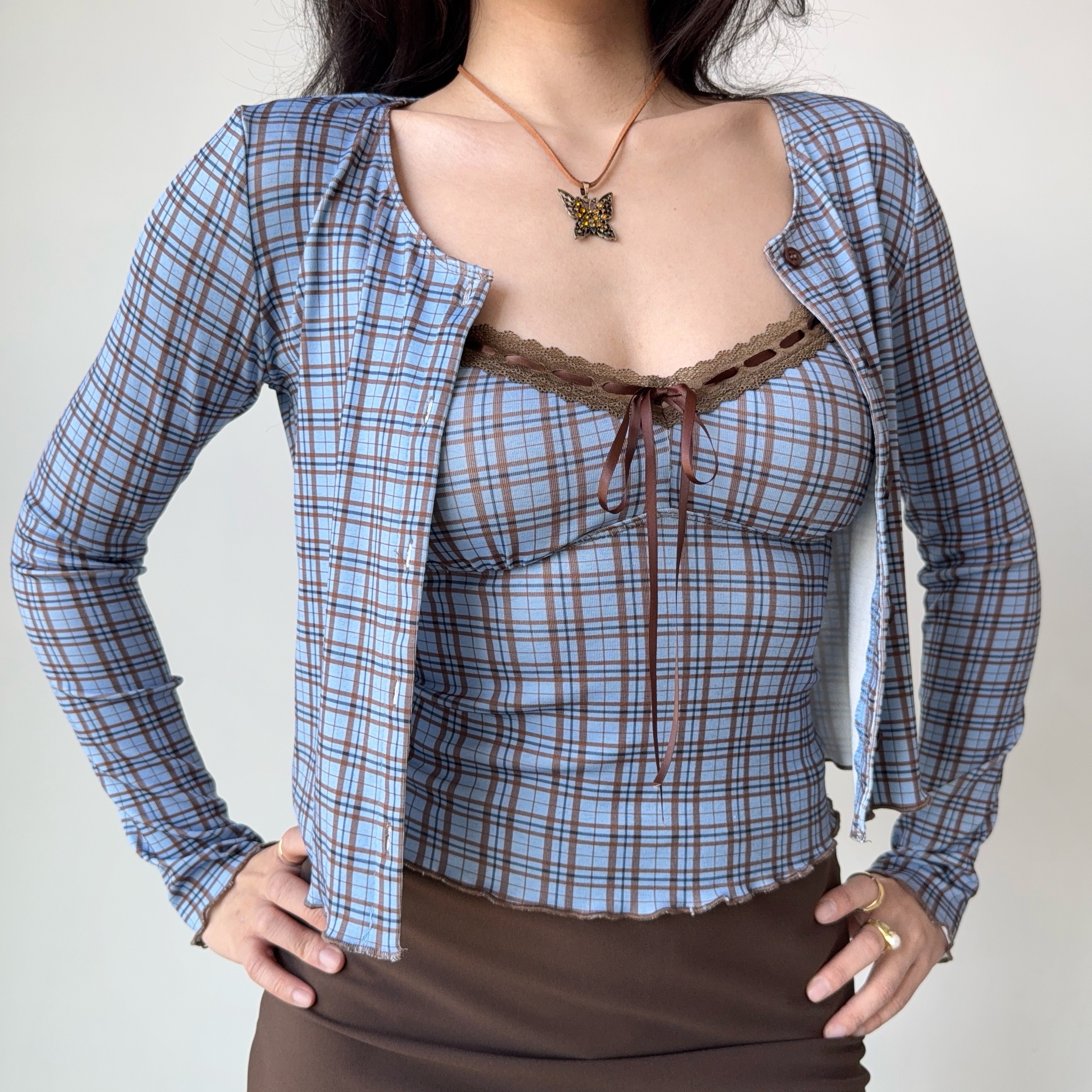Vintage Plaid Camisole Cardigan Two-Piece Set for Women - Slim Fit Short Crop Top - Y2K Inspired Fashion