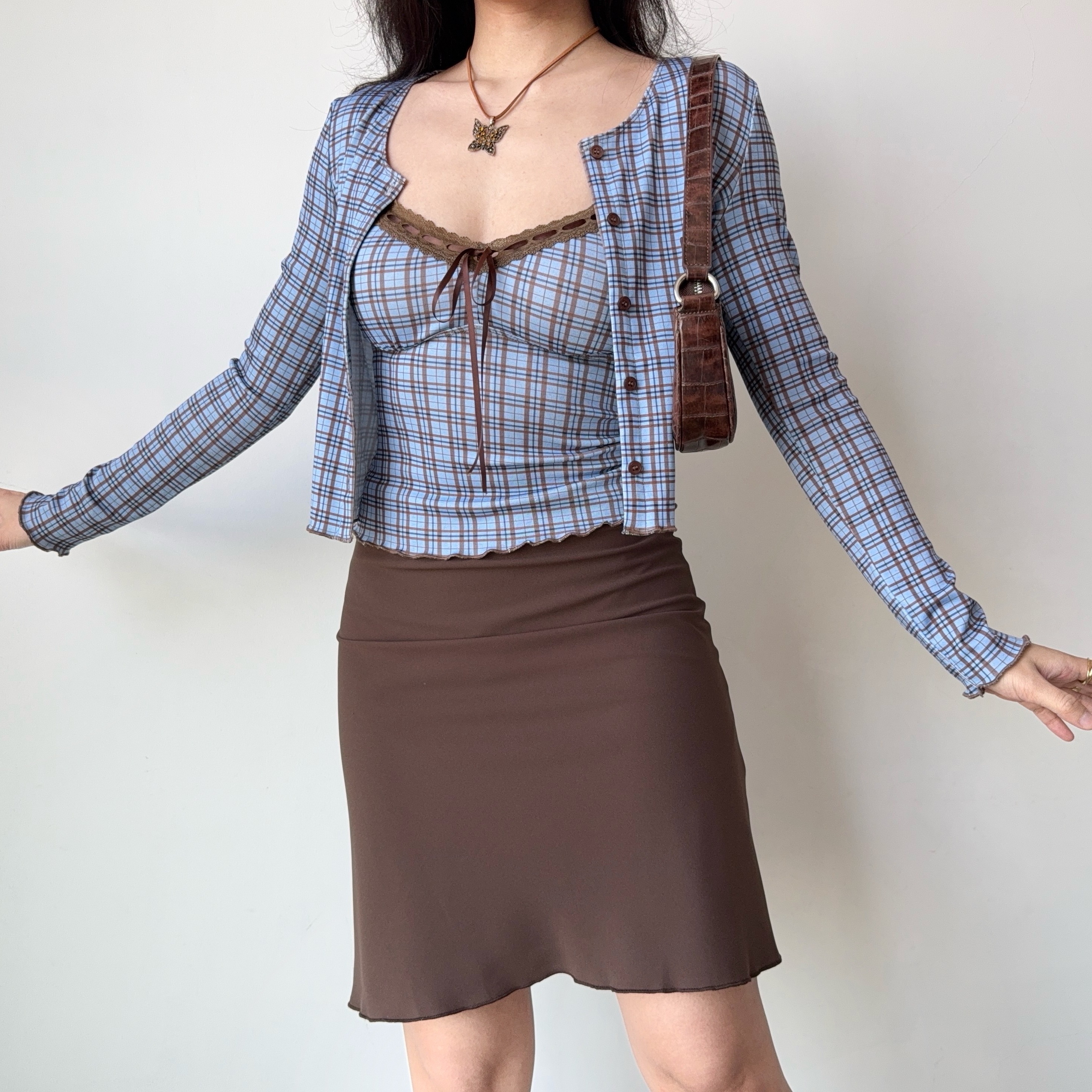 Vintage Plaid Camisole Cardigan Two-Piece Set for Women - Slim Fit Short Crop Top - Y2K Inspired Fashion