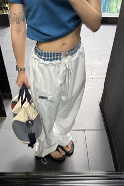 Vintage Plaid Wide-Leg Casual Pants for Summer - Unisex Loose Fit, Quick-Dry, Belted American Style Sportswear