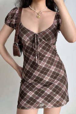 Vintage Puff Sleeve Plaid Dress - Women's Summer Slim A-Line Short Skirt - Y2K Trendy Hot Girl Style
