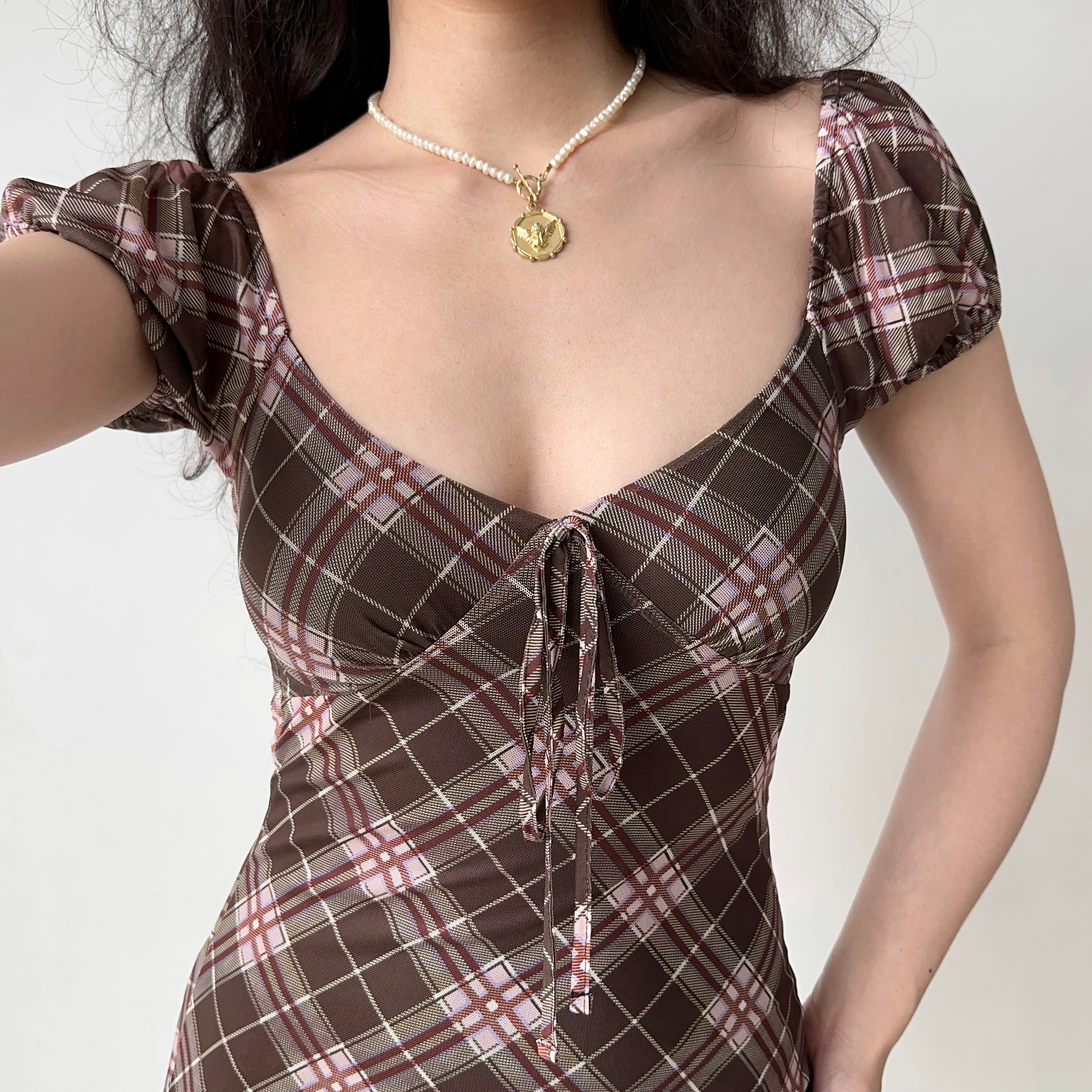 Vintage Puff Sleeve Plaid Dress - Women's Summer Slim A-Line Short Skirt - Y2K Trendy Hot Girl Style