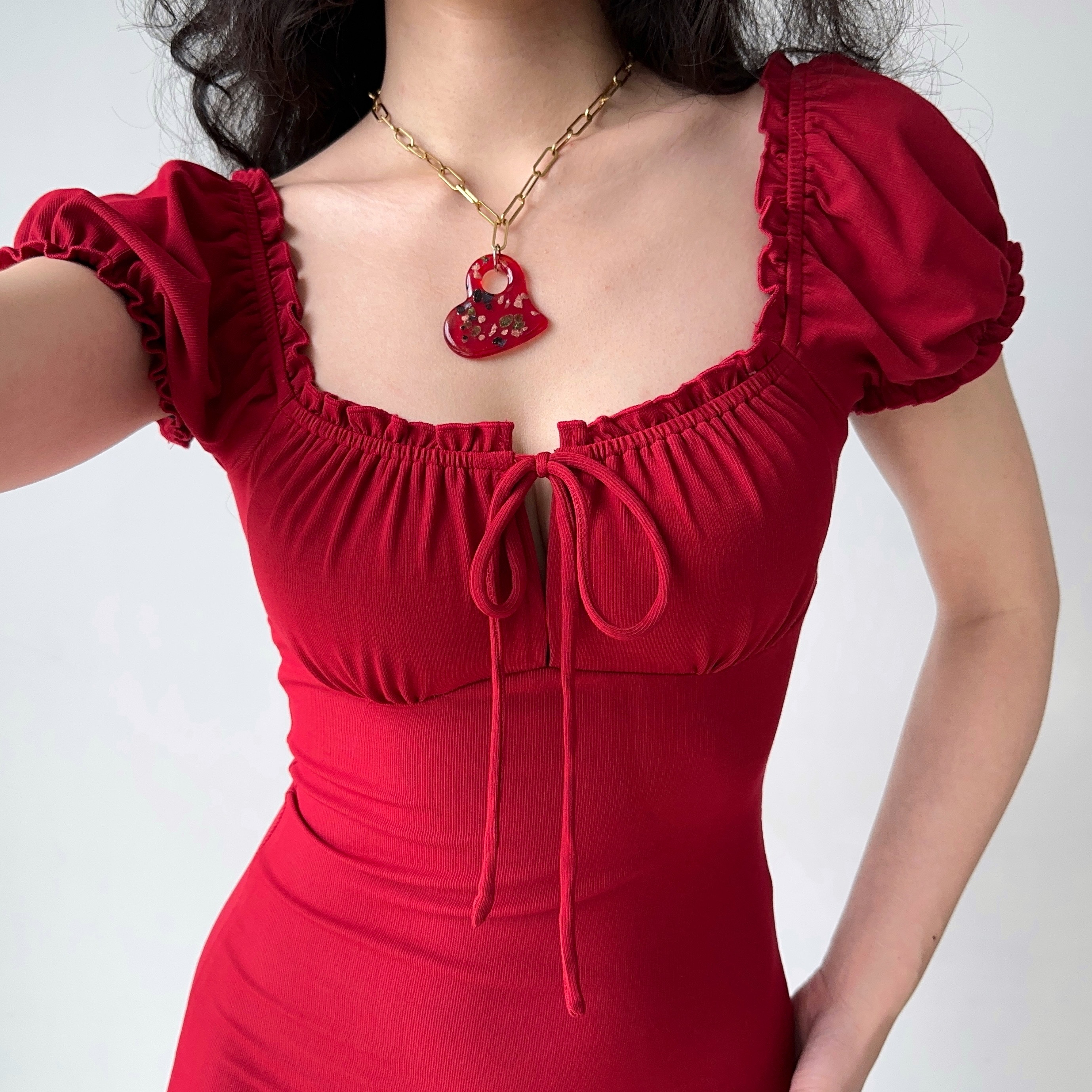 Vintage Red Square Neck Tie Dress with Puff Sleeves - Slim Fit Bodycon Mini Skirt for a Chic Y2K Look
