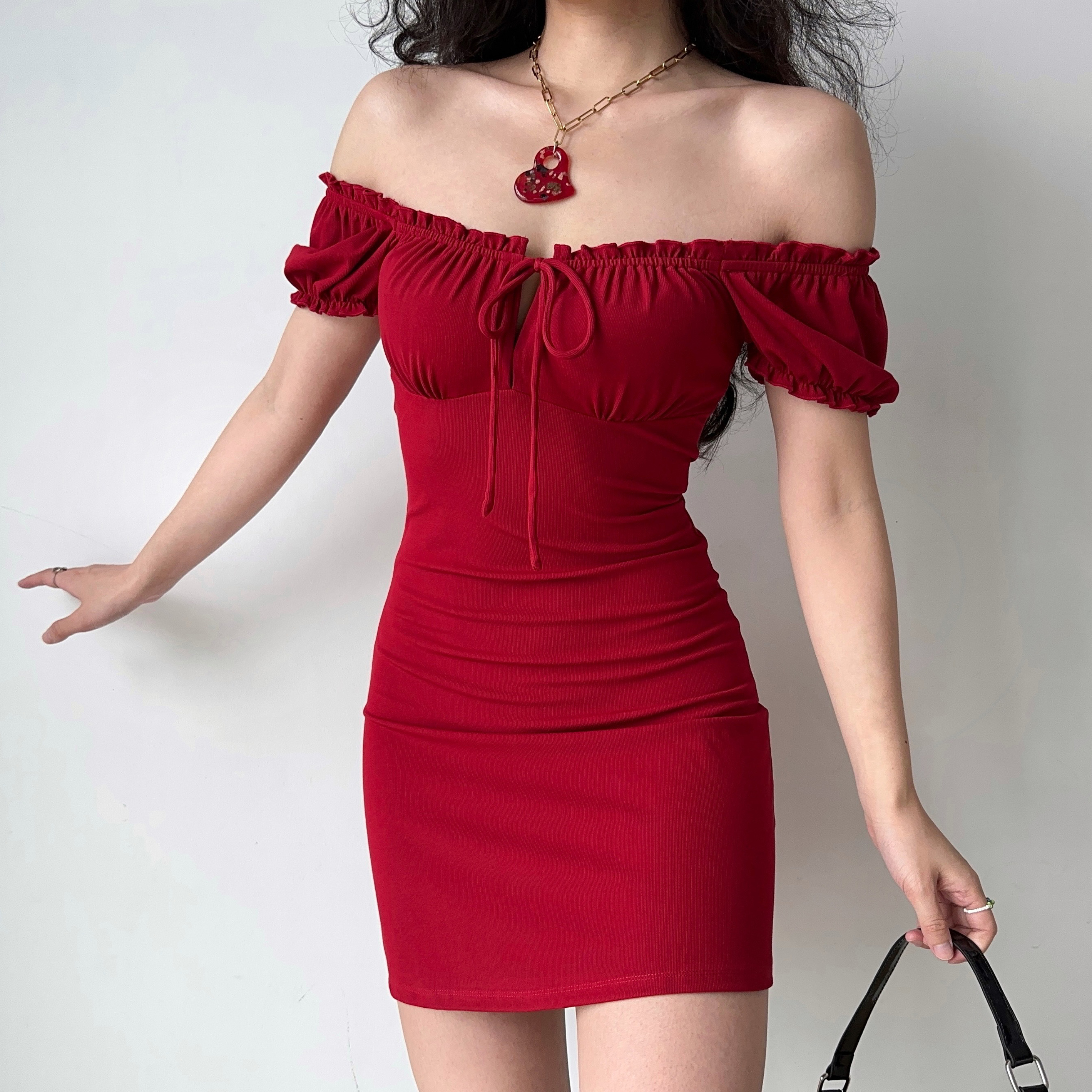 Vintage Red Square Neck Tie Dress with Puff Sleeves - Slim Fit Bodycon Mini Skirt for a Chic Y2K Look