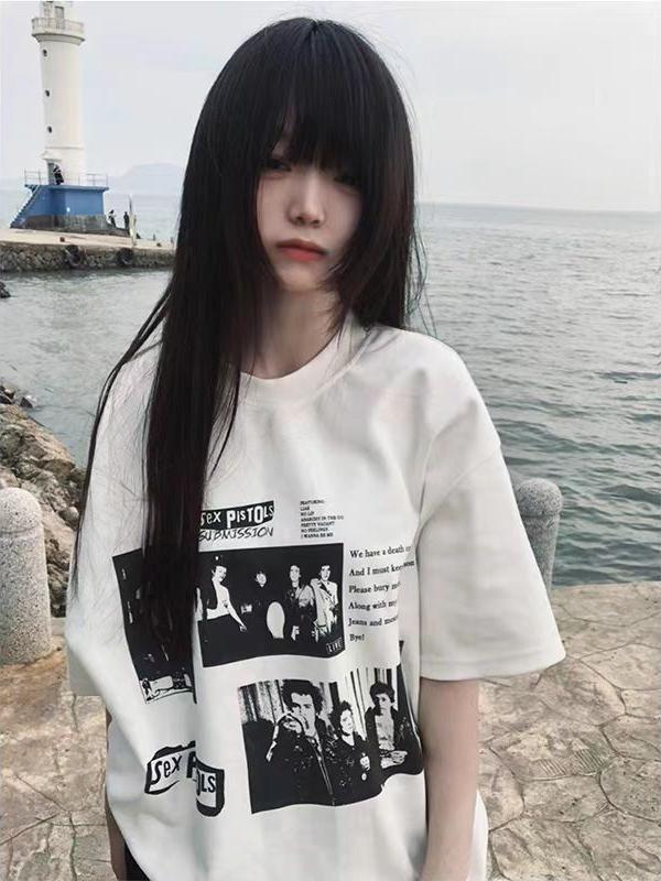 Vintage Rock Band Poster Printed Loose Oversized Short-Sleeve T-Shirt for Women - Summer 2025 Y2K Style