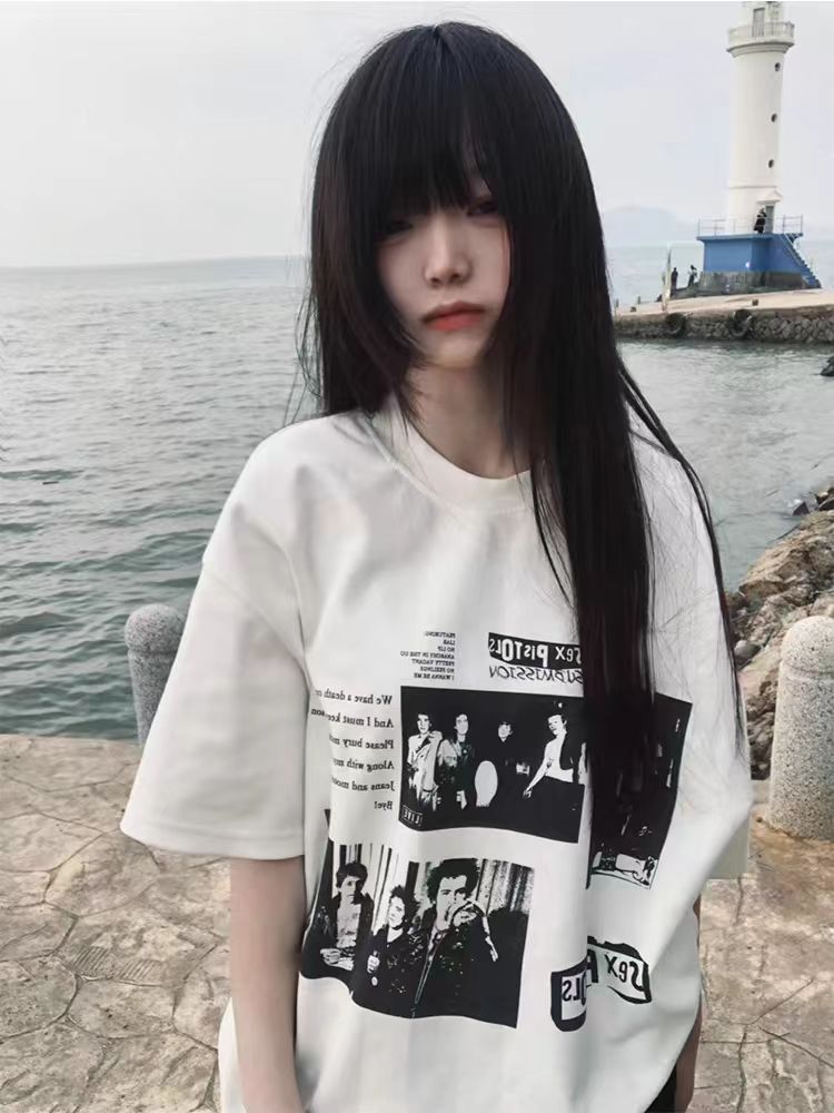 Vintage Rock Band Poster Printed Loose Oversized Short-Sleeve T-Shirt for Women - Summer 2025 Y2K Style