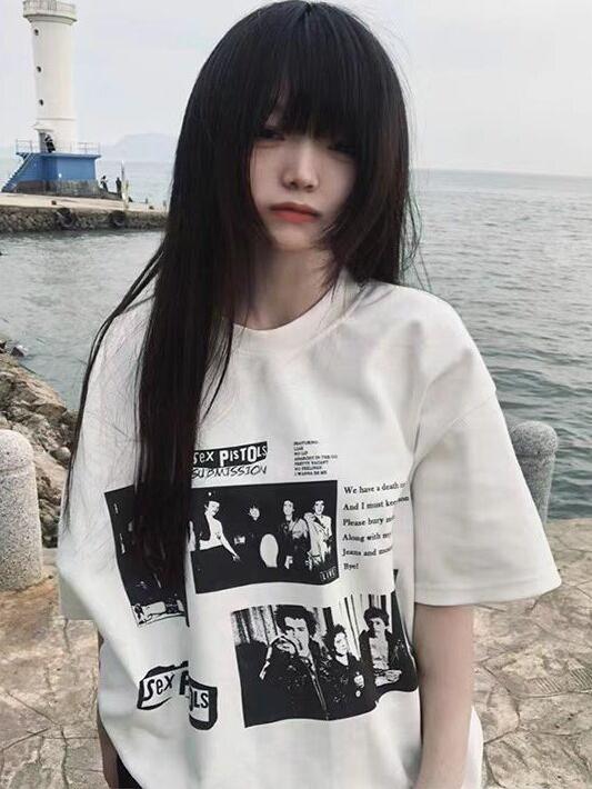 Vintage Rock Band Poster Printed Loose Oversized Short-Sleeve T-Shirt for Women - Summer 2025 Y2K Style