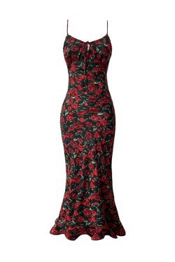 Vintage Rose Floral Print Spaghetti Strap Dress - Backless Mermaid Style, Perfect for Summer & Y2K Fashion Lovers