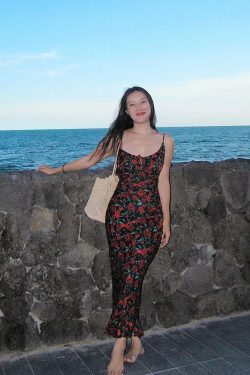 Vintage Rose Floral Print Spaghetti Strap Dress - Backless Mermaid Style, Perfect for Summer & Y2K Fashion Lovers