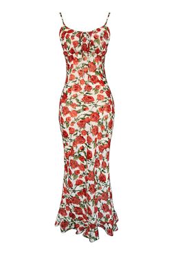 Vintage Rose Floral Print Spaghetti Strap Dress - Backless Mermaid Style, Perfect for Summer & Y2K Fashion Lovers