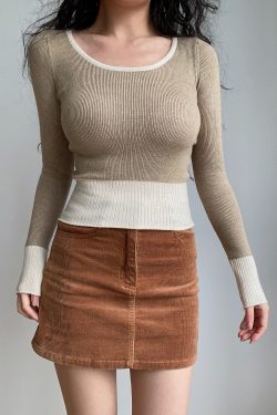Vintage Round Neck Slim Fit High Waist Knit Top with Long Sleeves - Versatile 90s-Inspired Fashion Essential