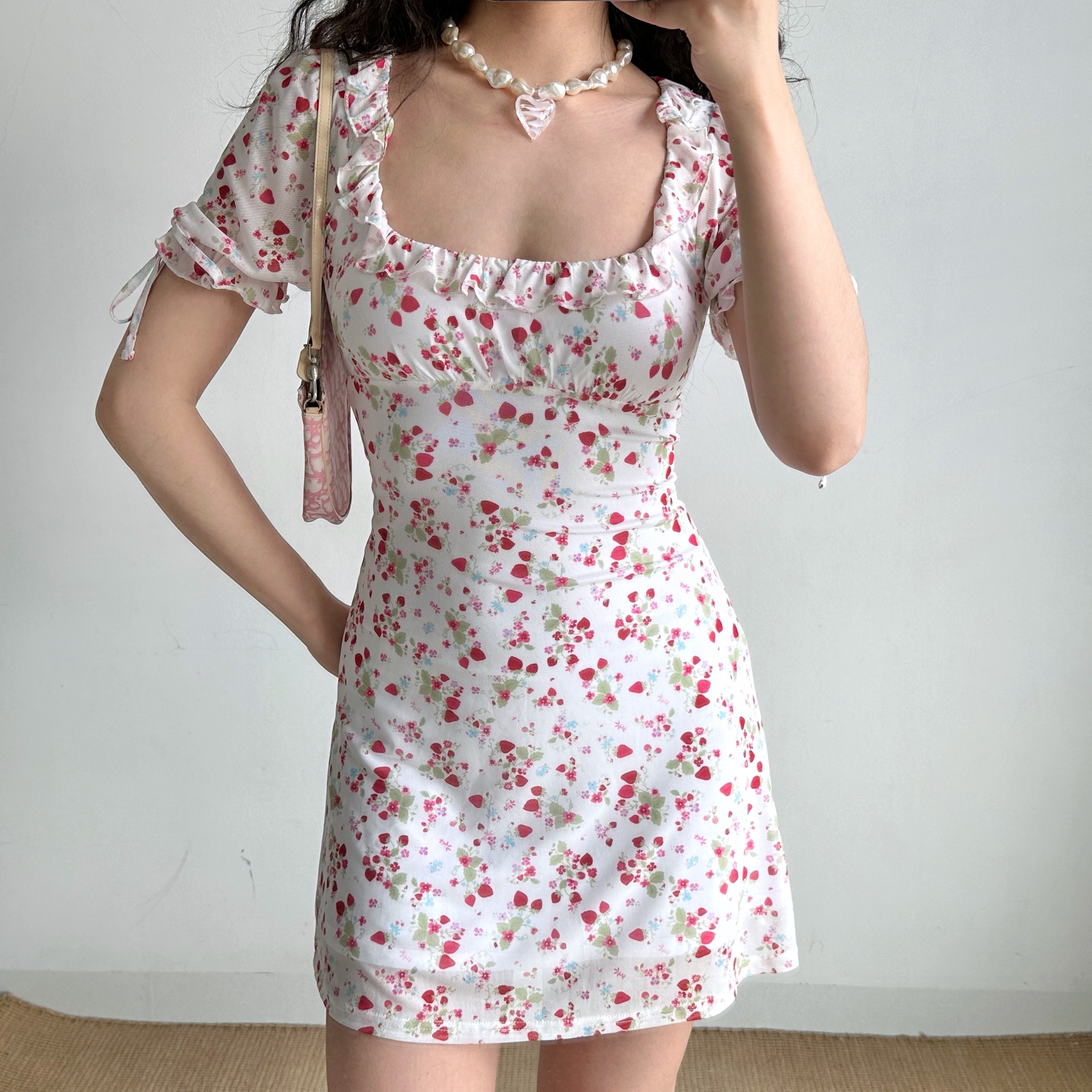 Vintage Strawberry Floral Square Neck Short Sleeve Dress for Women - Handmade with Puff Sleeves and Slim Fit - 90s Inspired Fashion