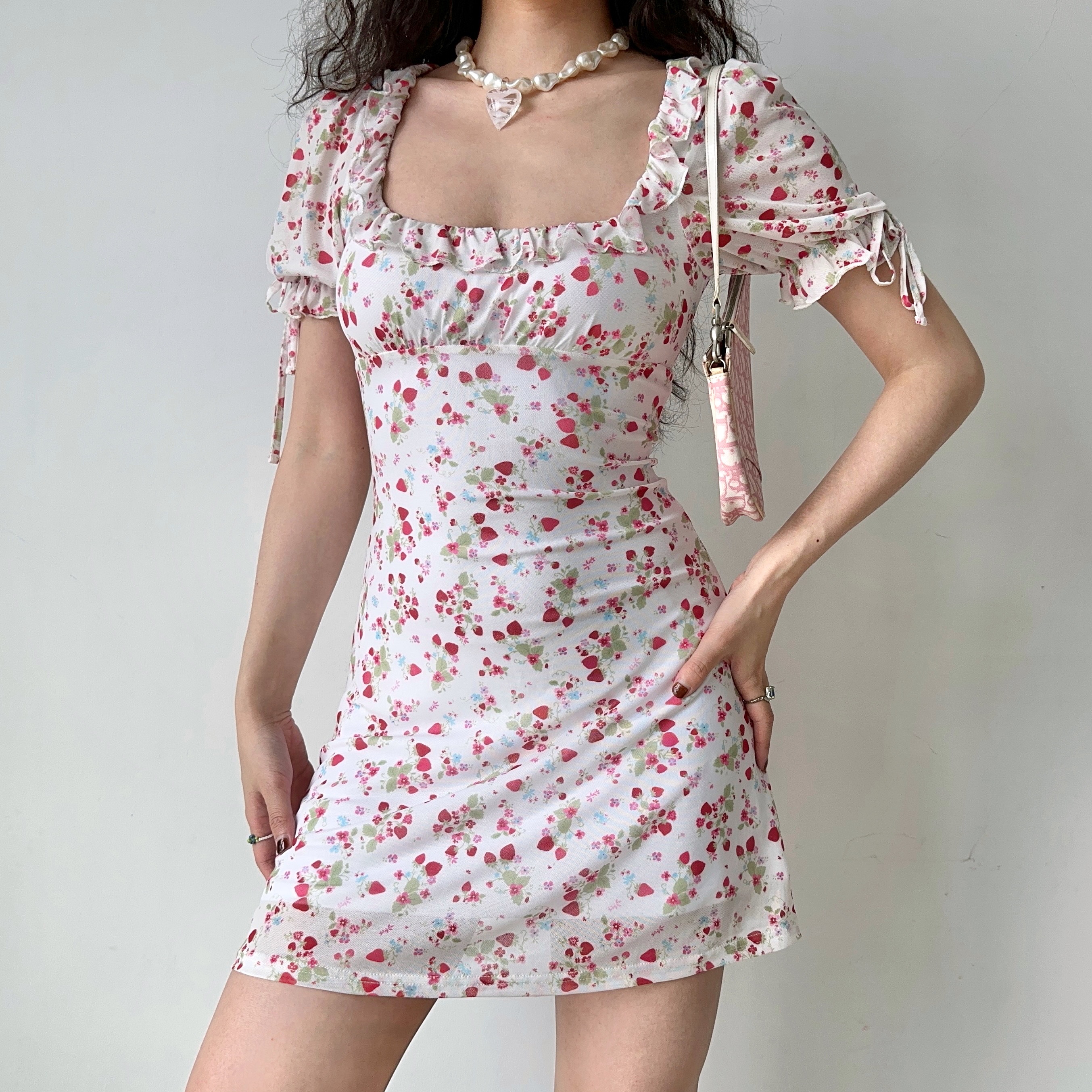 Vintage Strawberry Floral Square Neck Short Sleeve Dress for Women - Handmade with Puff Sleeves and Slim Fit - 90s Inspired Fashion