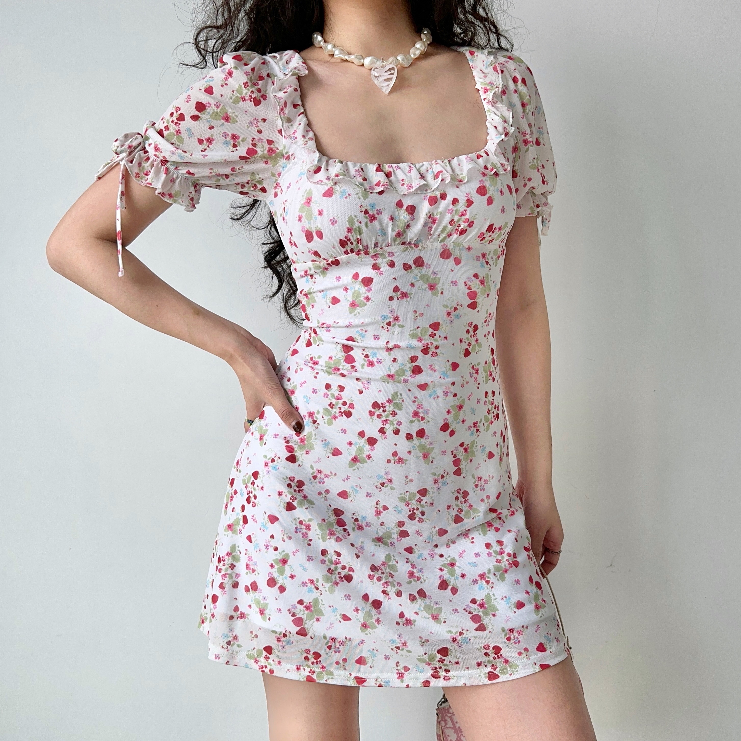 Vintage Strawberry Floral Square Neck Short Sleeve Dress for Women - Handmade with Puff Sleeves and Slim Fit - 90s Inspired Fashion
