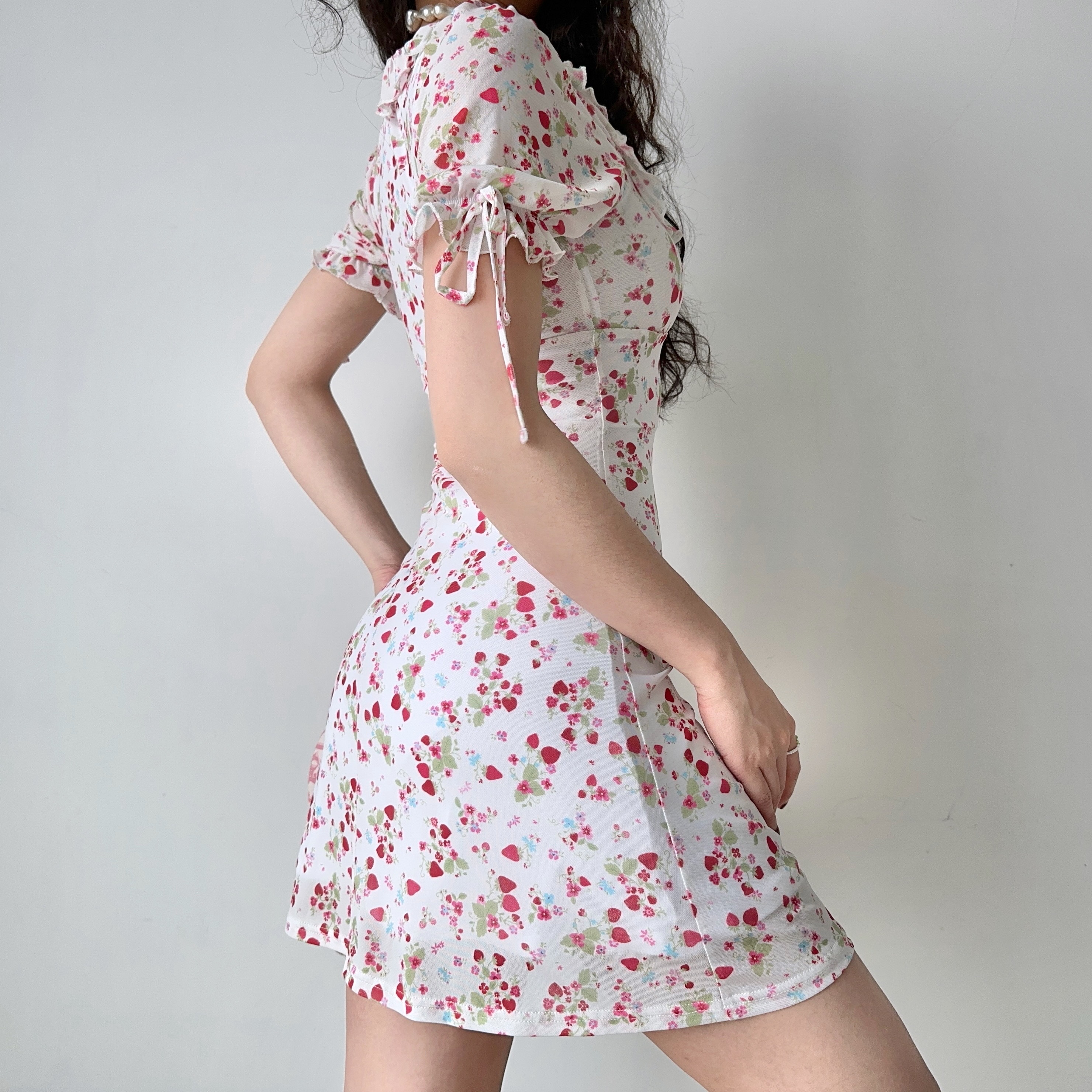 Vintage Strawberry Floral Square Neck Short Sleeve Dress for Women - Handmade with Puff Sleeves and Slim Fit - 90s Inspired Fashion