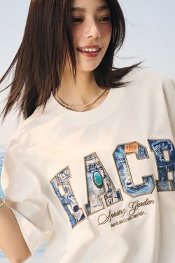 Vintage Turquoise Denim Patch Embroidered Loose Short-Sleeve T-Shirt – 90s Inspired American Style Fashion Top