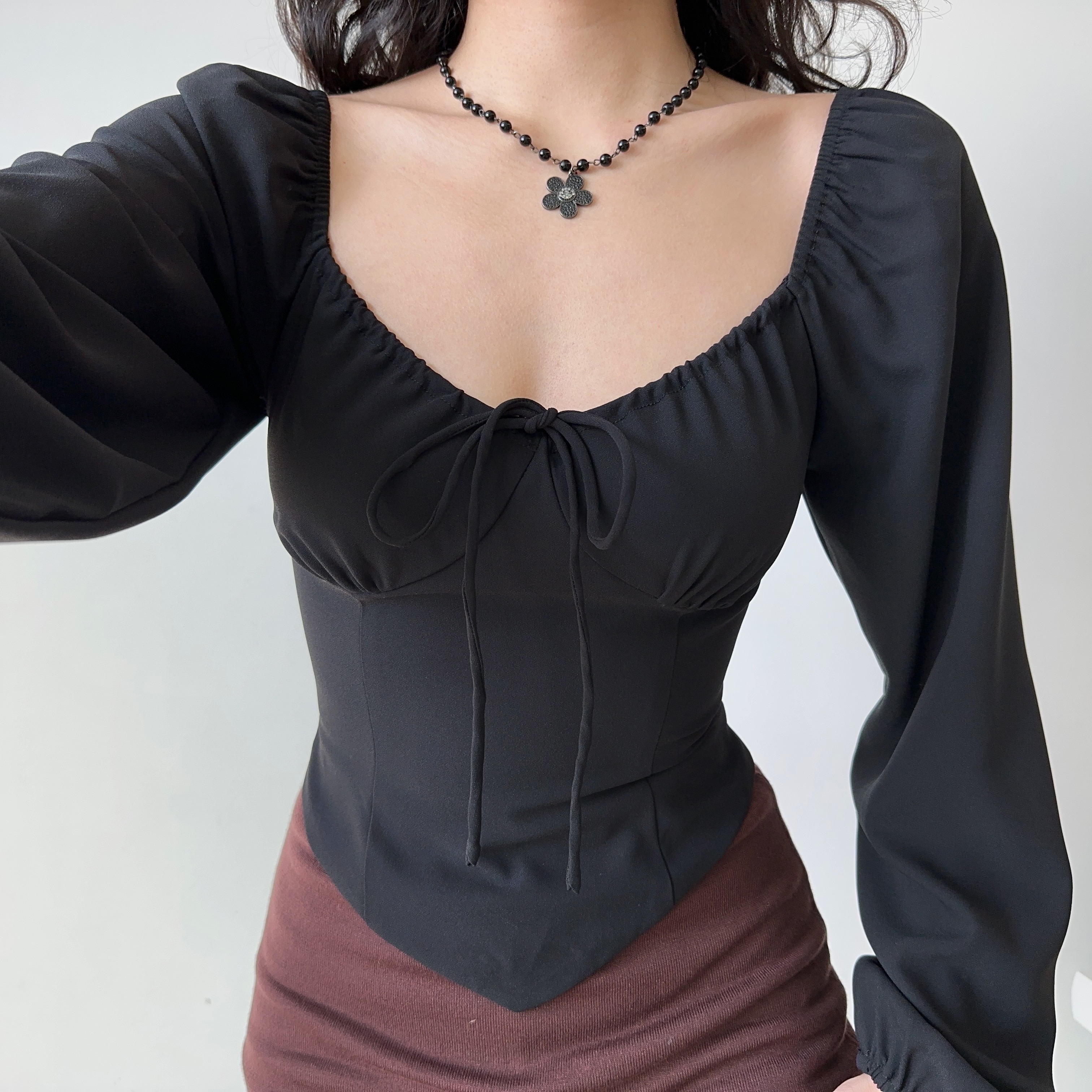 Vintage Waist-Cinching Lantern Sleeve Long Sleeve Shirt for Women - Slim Fit Flattering Top for Spicy Girls, Y2K Inspired Fashion