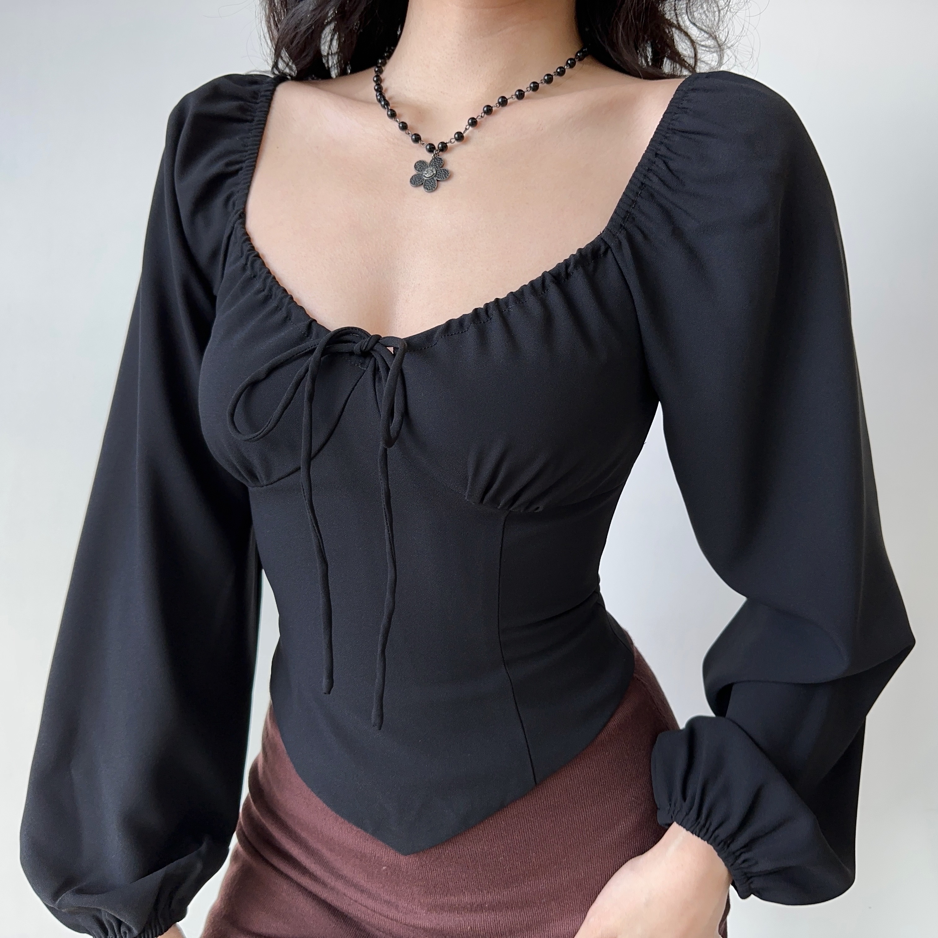 Vintage Waist-Cinching Lantern Sleeve Long Sleeve Shirt for Women - Slim Fit Flattering Top for Spicy Girls, Y2K Inspired Fashion