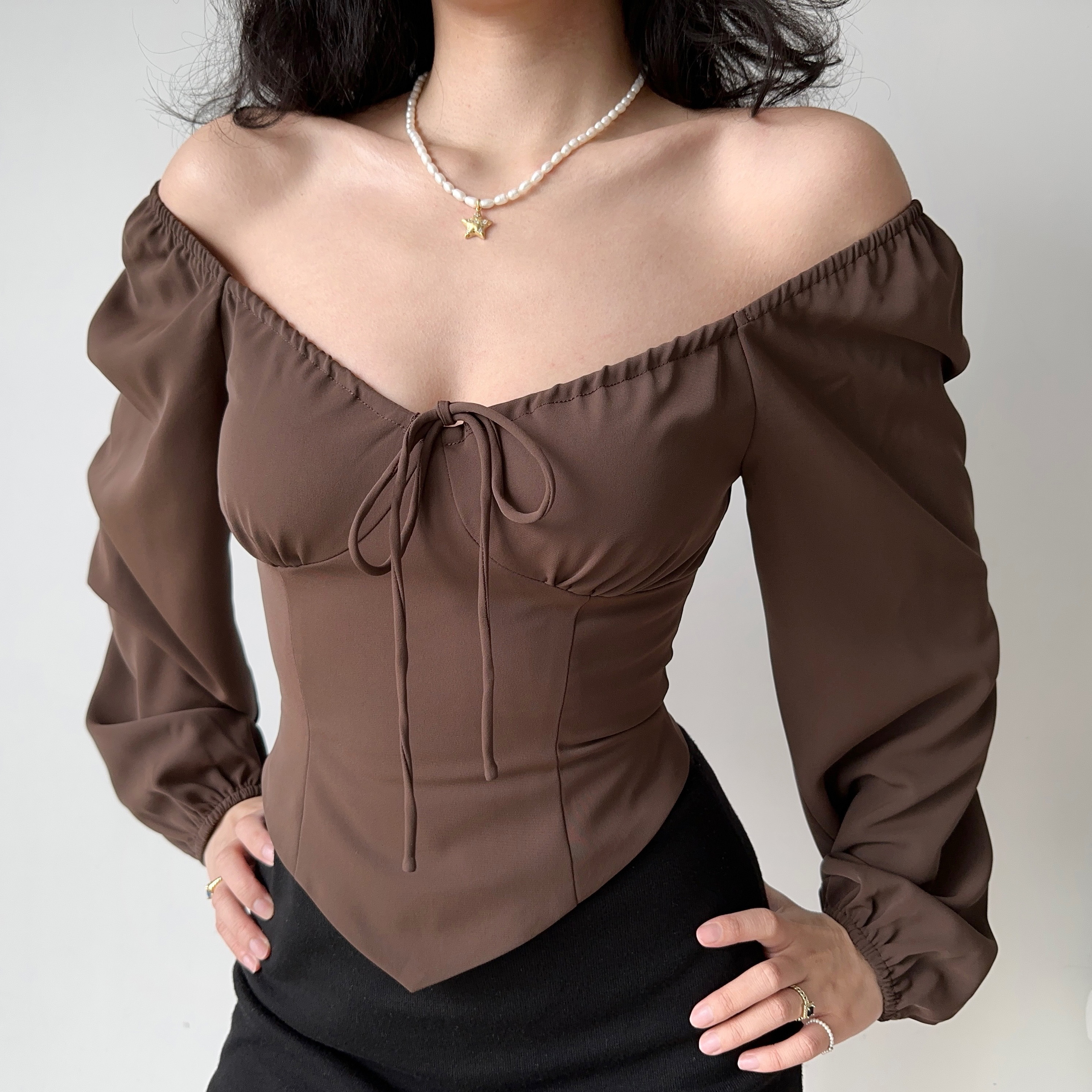 Vintage Waist-Cinching Lantern Sleeve Long Sleeve Shirt for Women - Slim Fit Flattering Top for Spicy Girls, Y2K Inspired Fashion