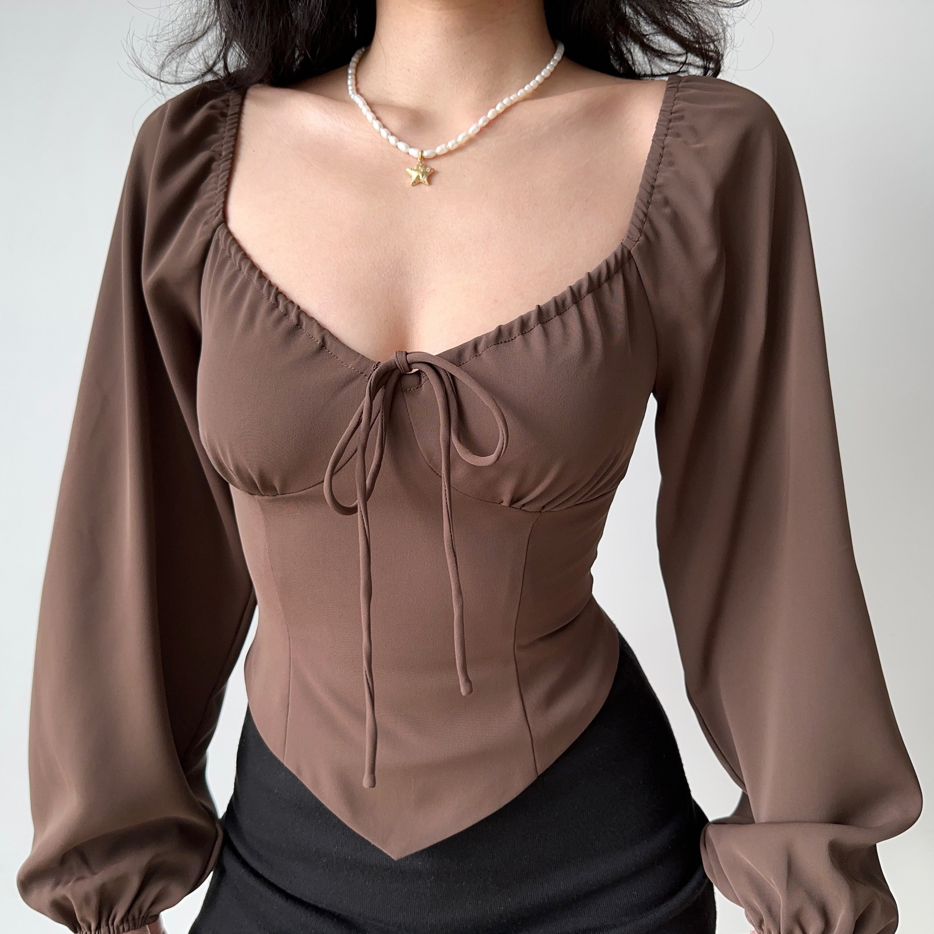 Vintage Waist-Cinching Lantern Sleeve Long Sleeve Shirt for Women - Slim Fit Flattering Top for Spicy Girls, Y2K Inspired Fashion