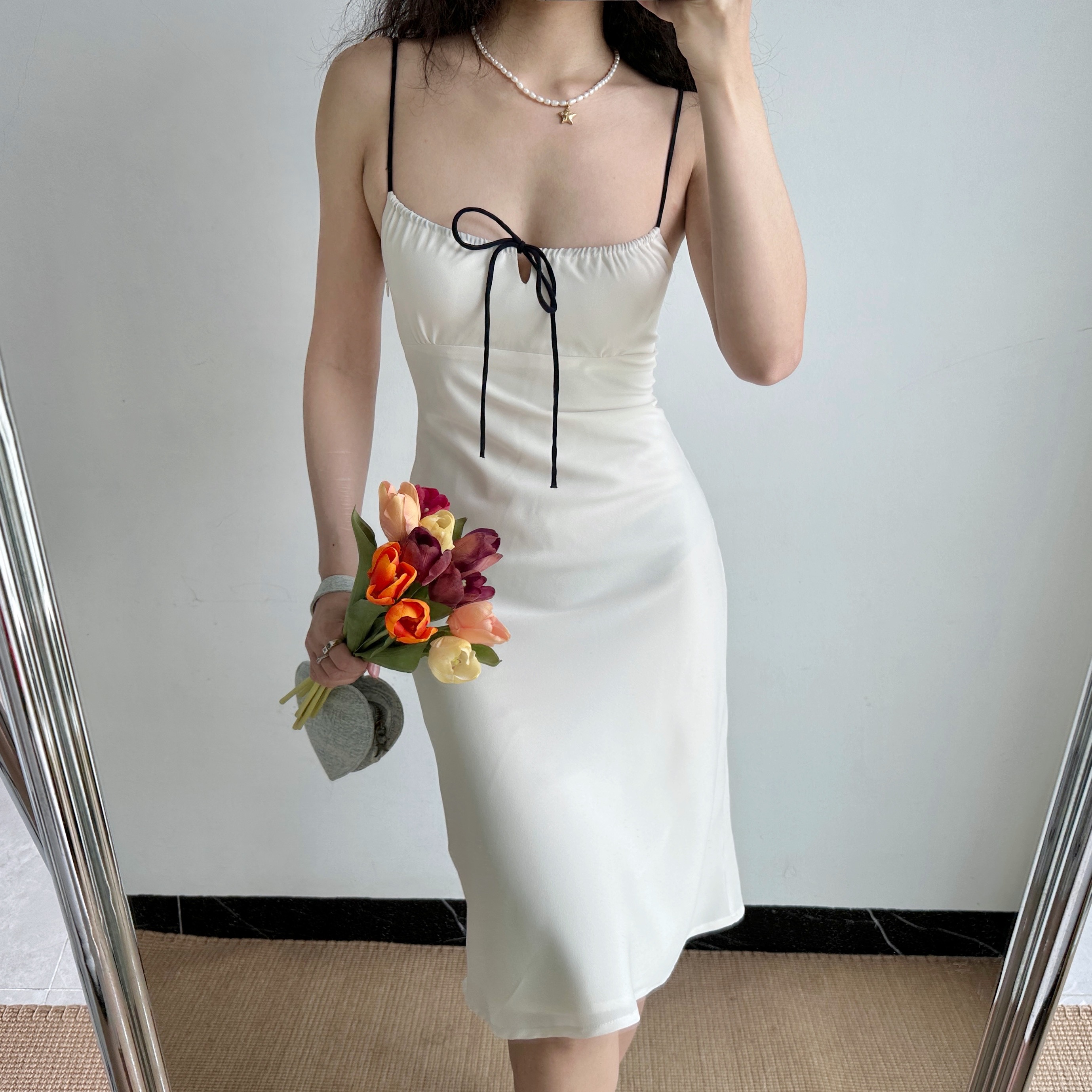 Waist-Defining A-Line Mid-Length Bodycon Slip Dress for Women - European and American Style White Strap Dress