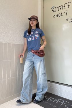 Washed Straight-Leg Wide-Leg Cargo Jeans for Men and Women, Vintage Casual Design with Multiple Pockets, Y2K Style Long Pants