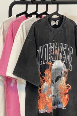 Washed Vintage Skull Print Short Sleeve T-Shirt for Women - American Street Style, Loose Fit, Drop Shoulder, Summer Casual Top