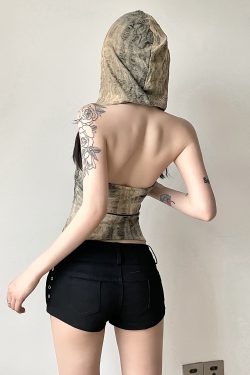 Wasteland Rock Music Festival Hooded Vest for Women - Backless Distressed Irregular Strap Design