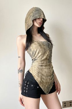 Wasteland Rock Music Festival Hooded Vest for Women - Backless Distressed Irregular Strap Design