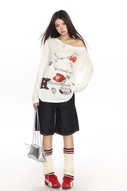 White Asymmetrical Shoulder Sun Protection Cover-Up T-shirt for Women, Loose Fit Long Sleeve Top, Spring American Style, Unique Lazy Fashion