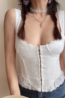 Wide Shoulder Strap Square Neck White Camisole Top with Hidden Button - DIY French Court Style for Vacation Wear