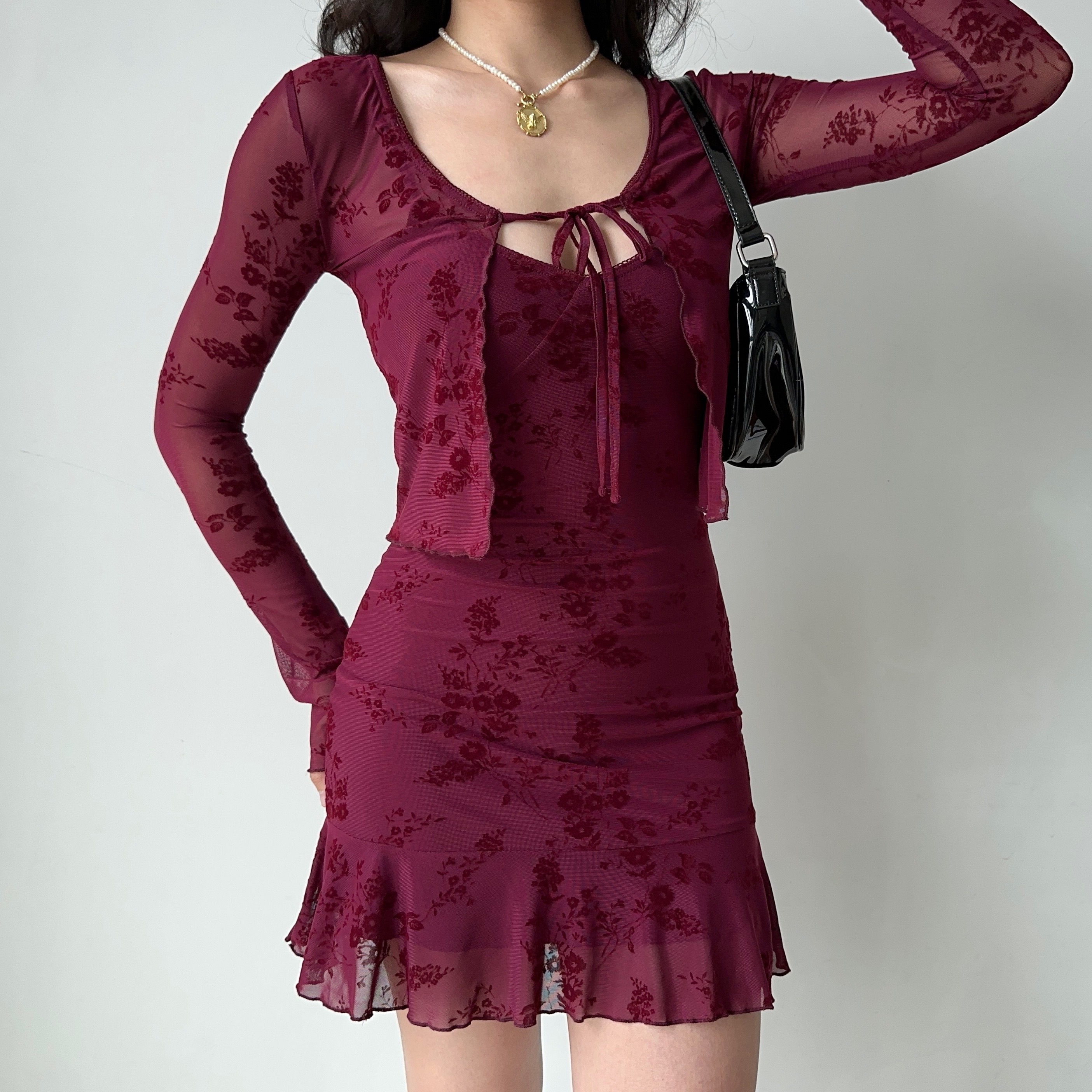 Wine Red Embroidered Camisole Dress & Cardigan Two-Piece Set - European & American Style New Year Fashion Robe